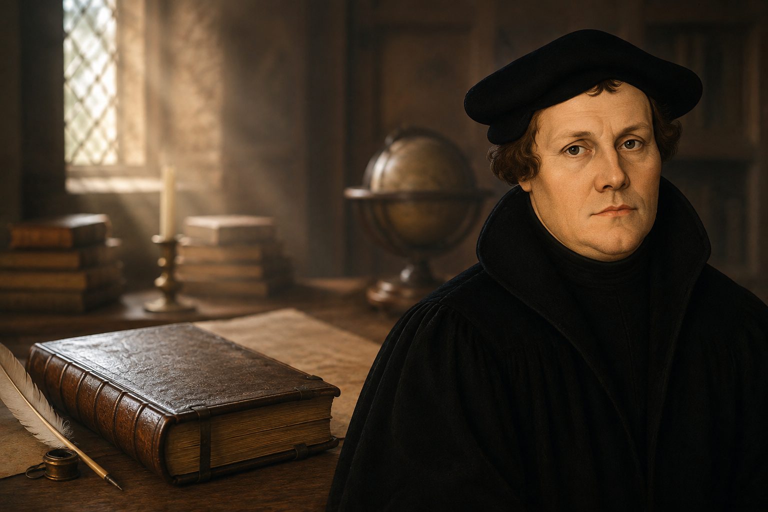 Martin Luther at his desk beside an open Bible and quill