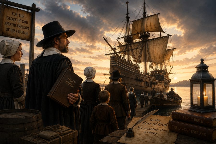 Pilgrim families boarding the Mayflower at sunset, carrying a Bible, beneath a sign reading For the glory of God and the freedom of His Church