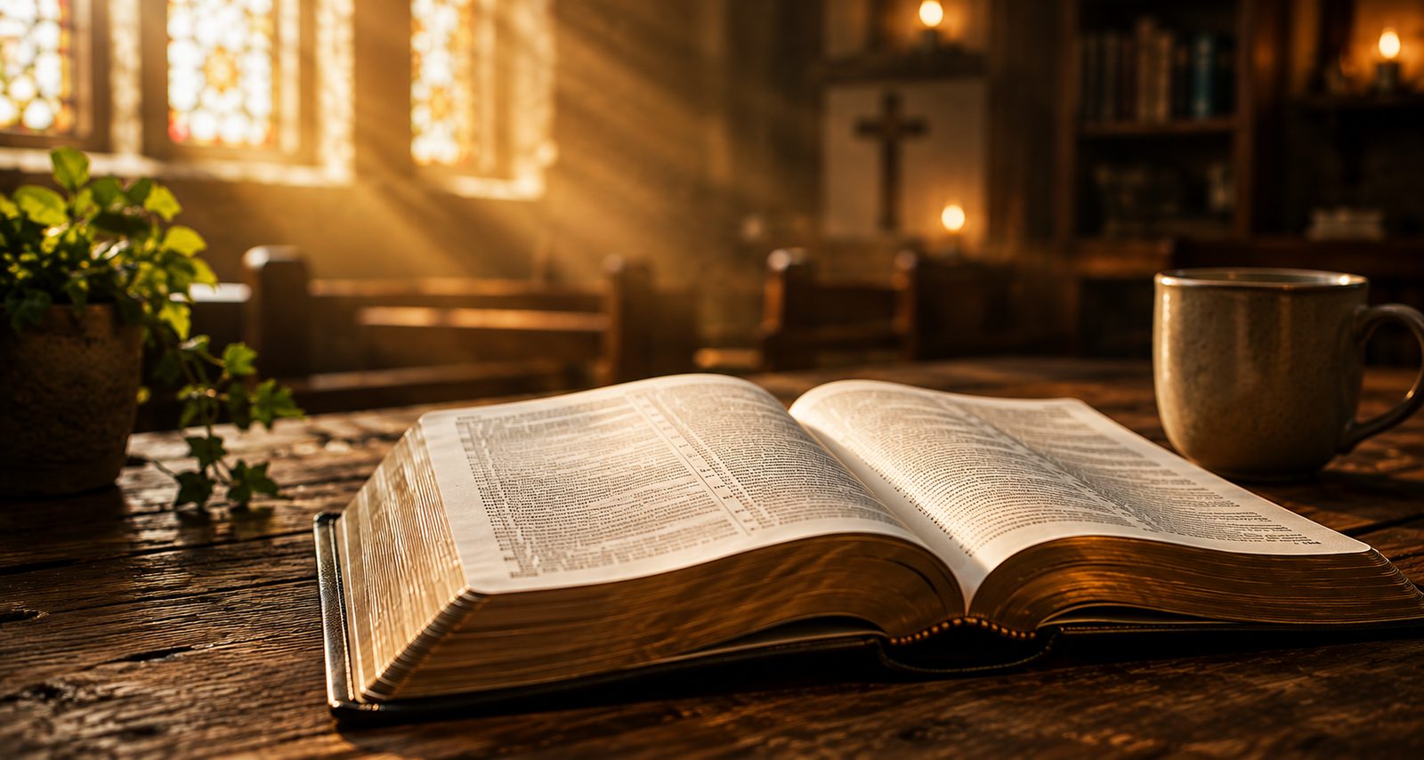 An open Bible on a wooden table