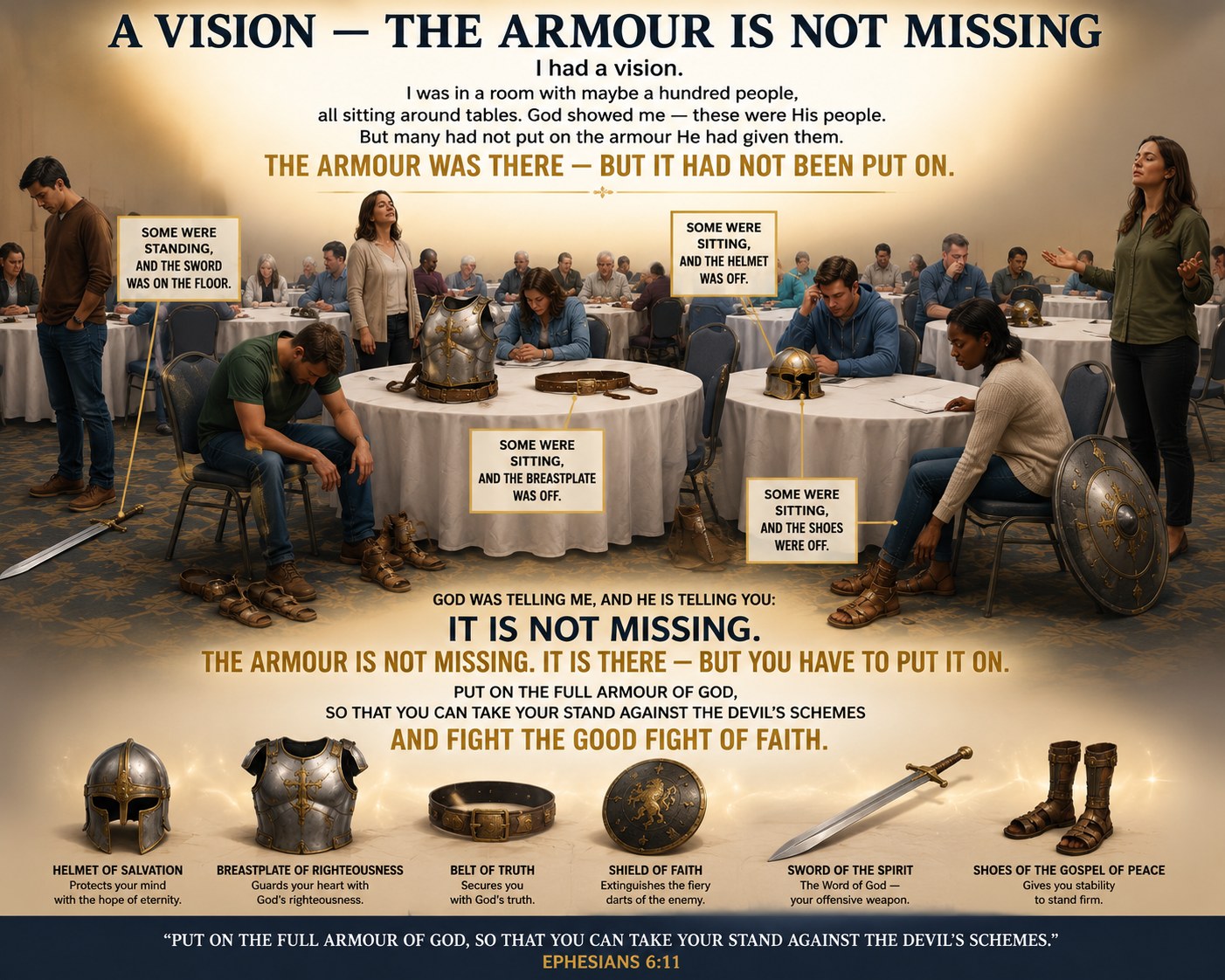 An illustration of the vision: around a hundred of God's people sitting and talking around tables in a bright hall, with pieces of the armour of God — helmet, breastplate, belt, shield, sword and sandals — lying on the floor, not yet put on. The captions read ‘The armour was there, but it had not been put on… It is not missing… you have to put it on,’ alongside Ephesians 6:11.