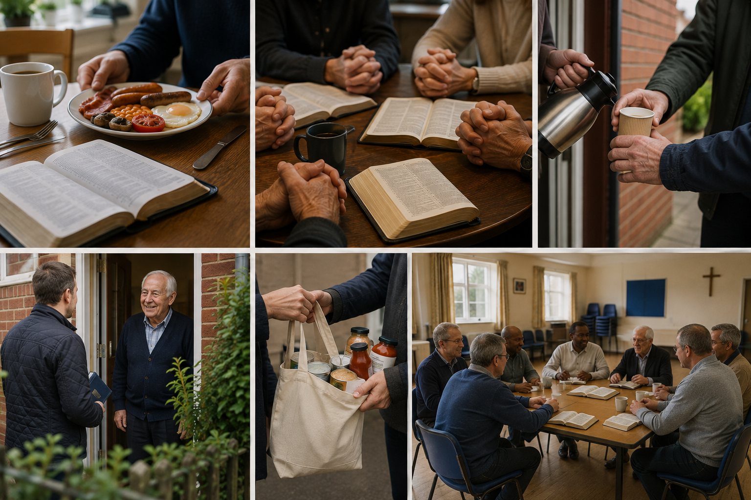 Six scenes from church life at Garston Community Church: a cooked breakfast beside an open Bible, hands joined in prayer around Bibles on a table, a hot drink handed over at a doorway, a doorstep conversation, a bag of provisions being passed to someone, and a group studying the Bible together in the hall.