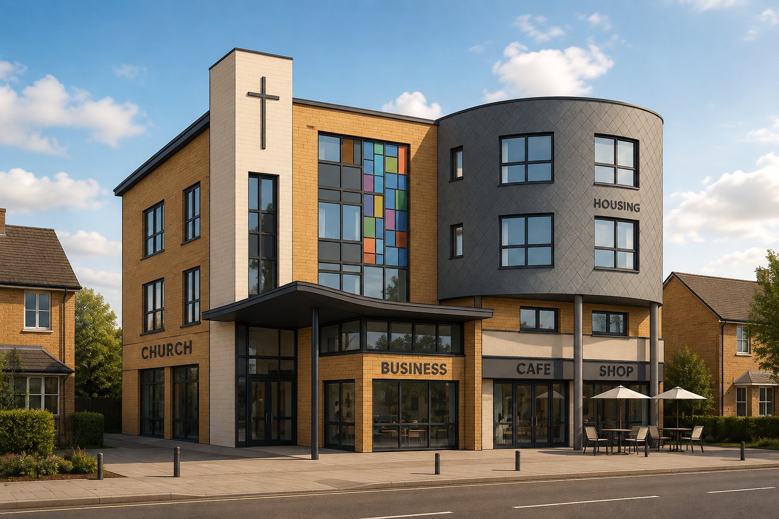 Community hub vision Architectural vision for the redeveloped front of Garston Community Church: a church entrance with a cross and stained glass, alongside a business unit, cafe and shop at street level with housing above